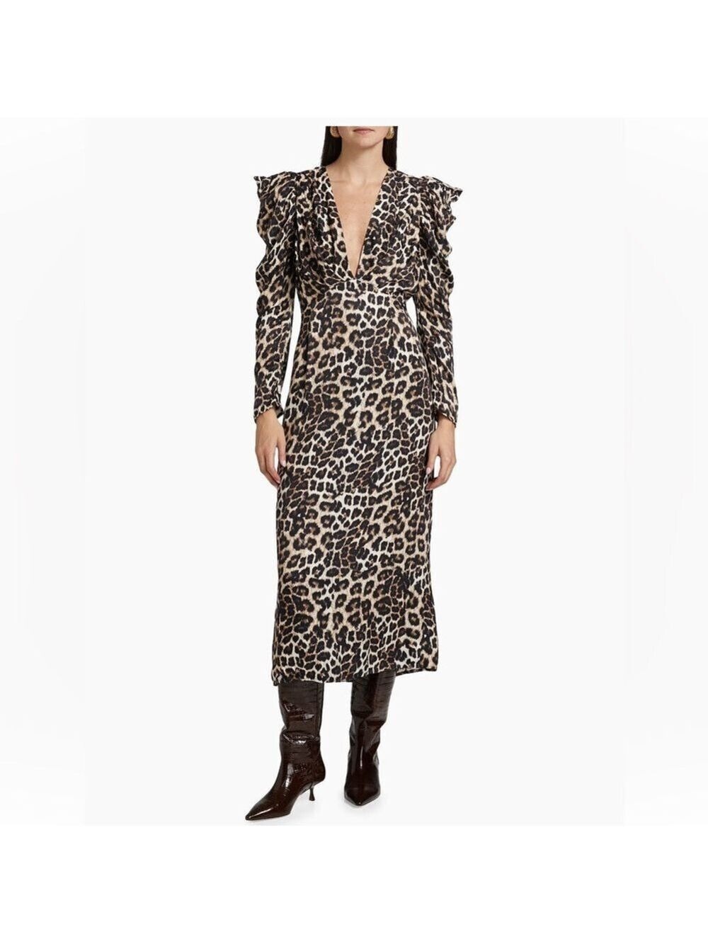 Farm Rio Brown Black Leopard Print Long Sleeve Midi Dress